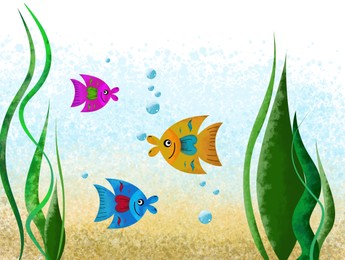Image of Drawingbeautiful fish in underwater world. Child art