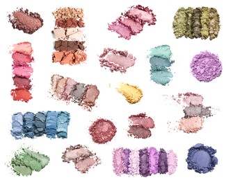 Set of different crushed eye shadows on white background, top view. Bright palette