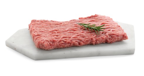 Photo of Raw fresh minced meat with rosemary isolated on white