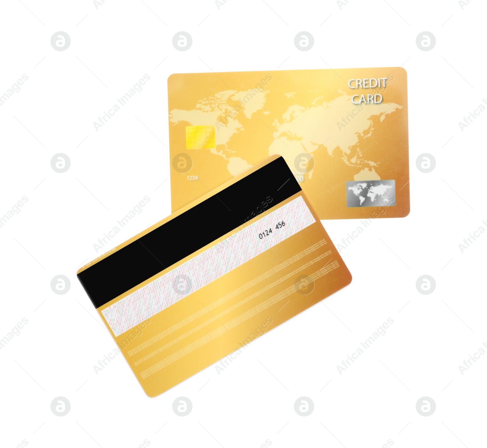 Photo of Golden plastic credit cards on white background