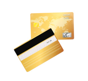 Photo of Golden plastic credit cards on white background