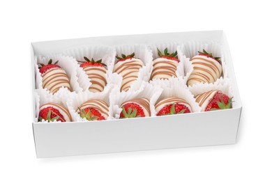 Photo of Box with delicious chocolate covered strawberries isolated on white