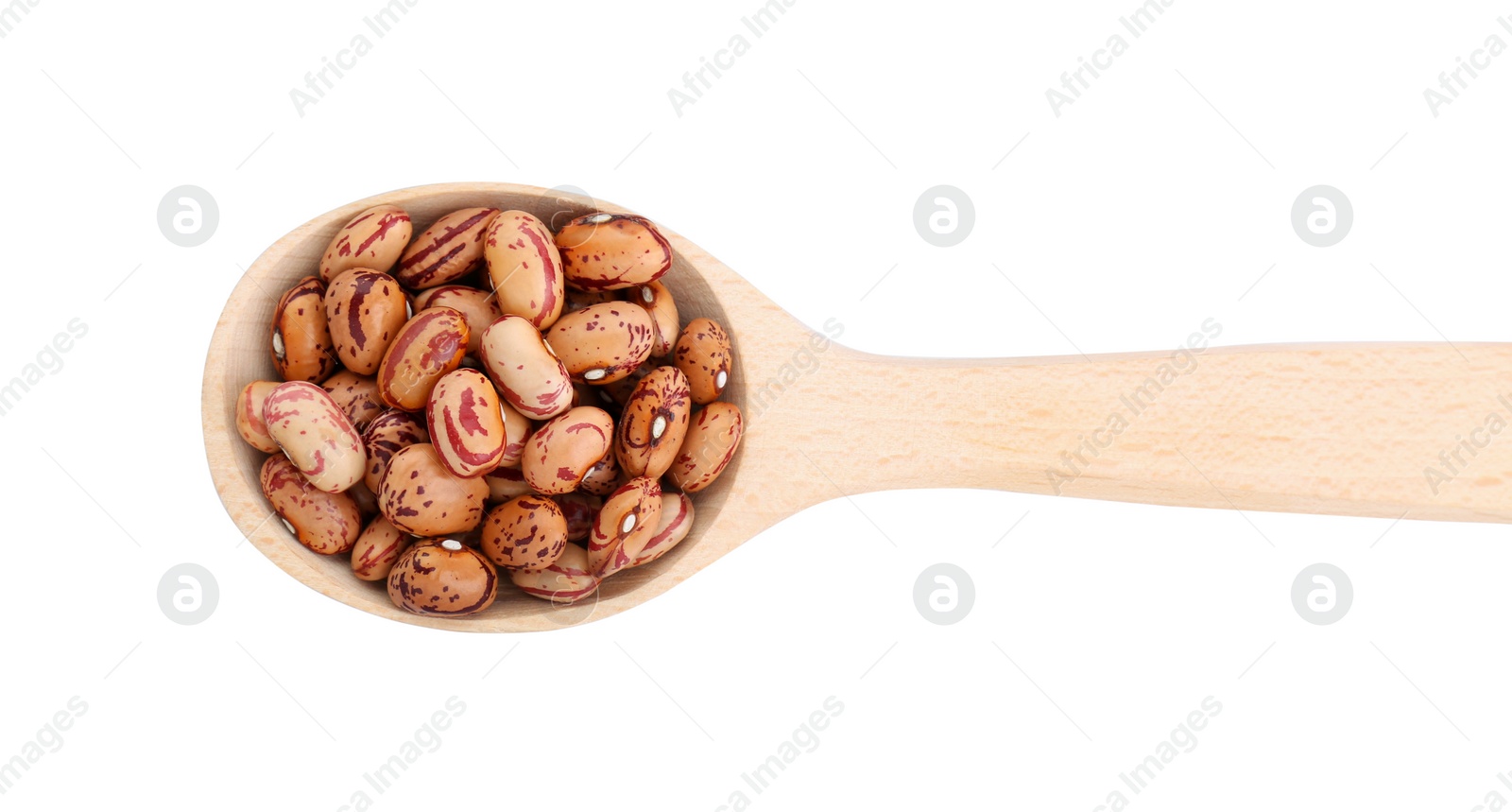 Photo of Wooden spoon with dry kidney beans isolated on white, top view