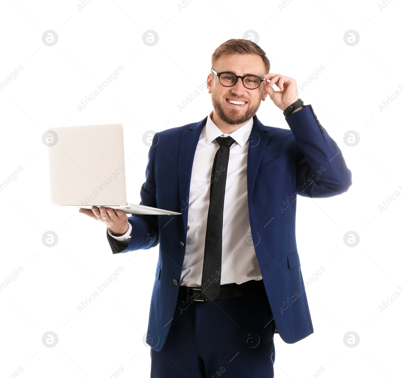 Photo of Happy young businessman holding laptop on white background