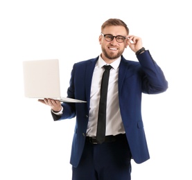 Photo of Happy young businessman holding laptop on white background