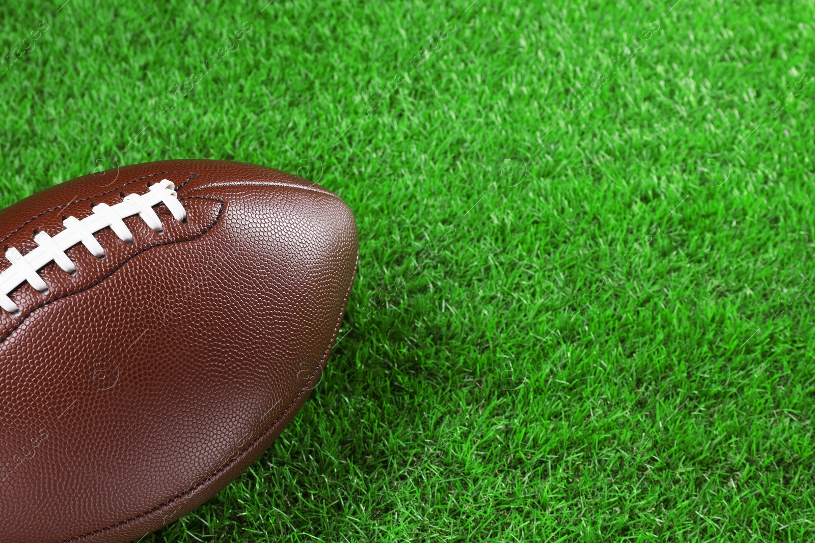 Photo of American football ball on green grass, closeup. Space for text