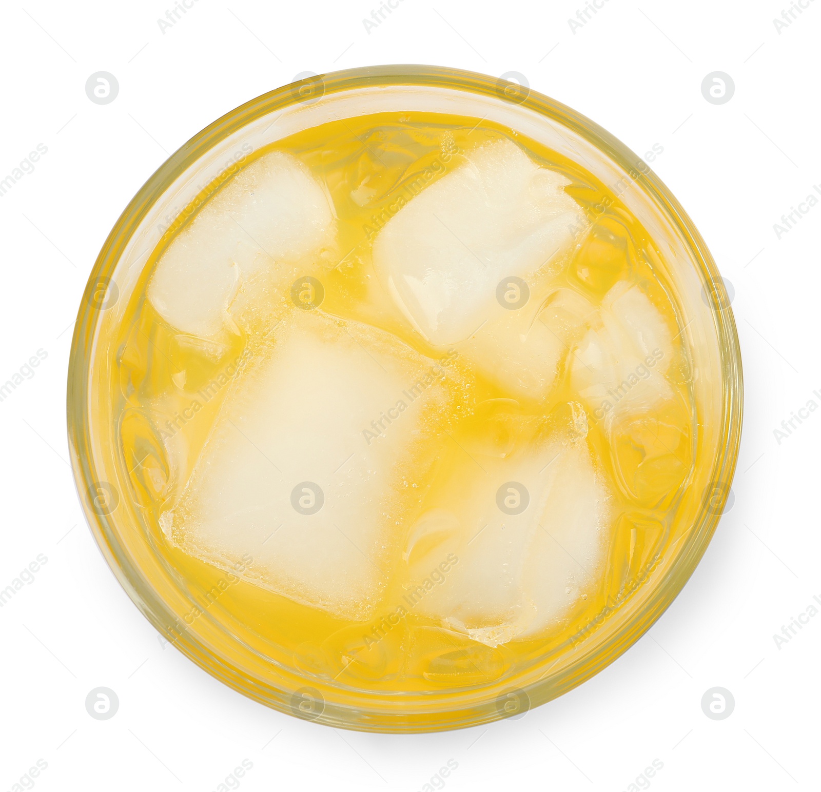 Photo of Delicious orange soda water on white background, top view