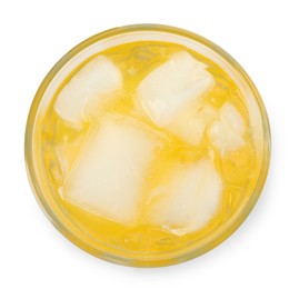 Delicious orange soda water on white background, top view