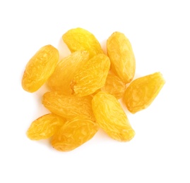 Tasty raisins on white background, top view. Healthy dried fruit