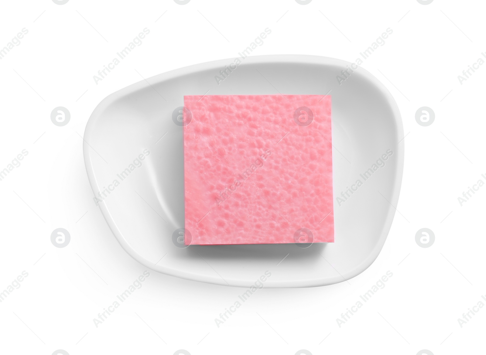 Photo of Holder with soap bar on white background, top view