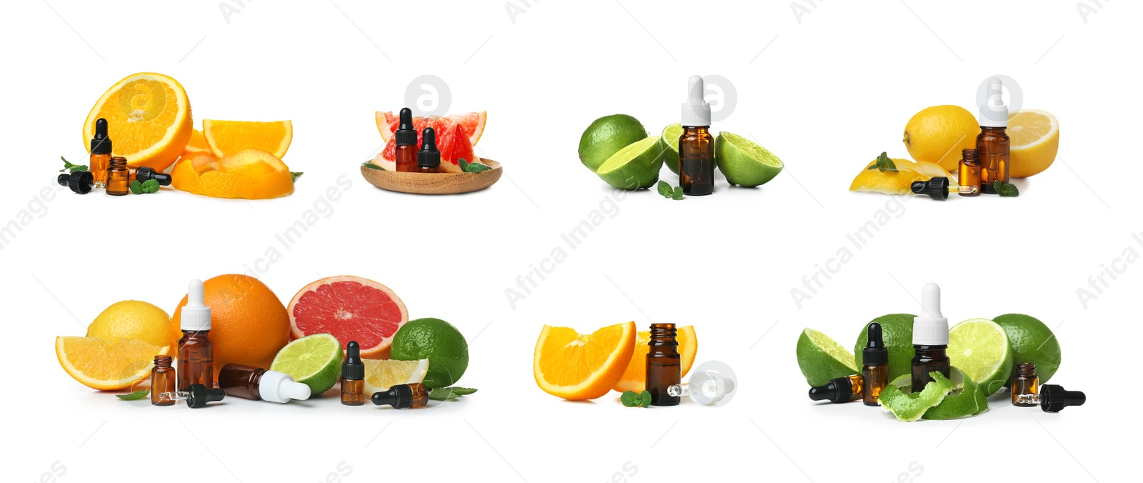 Image of Set with bottles of different essential oils and fresh citruses on white background. Banner design