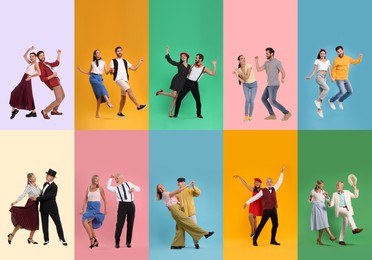 Image of Romantic date. Different lovely couples dancing on color backgrounds, set of photos