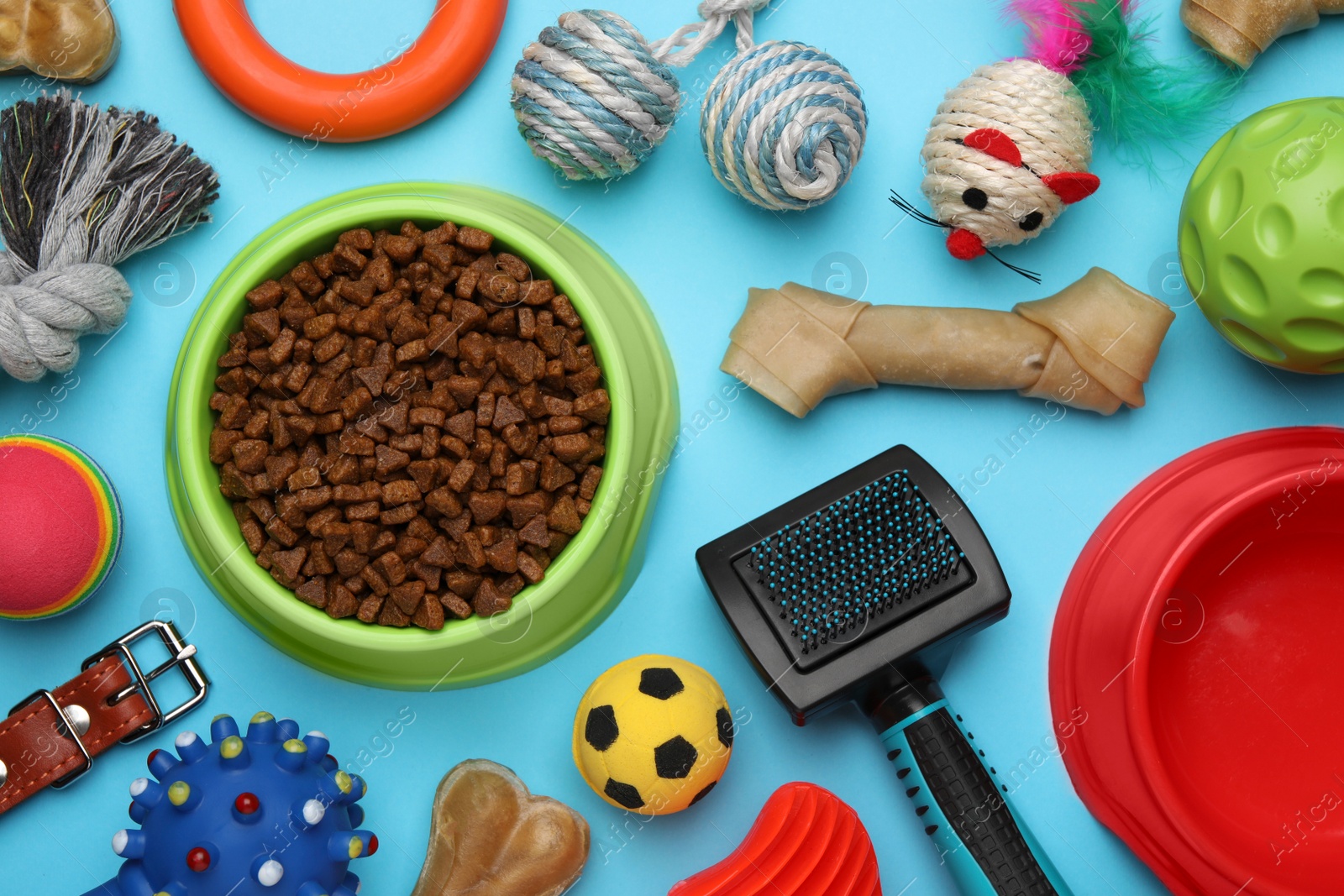 Photo of Flat lay composition with different pet toys and accessories on light blue background