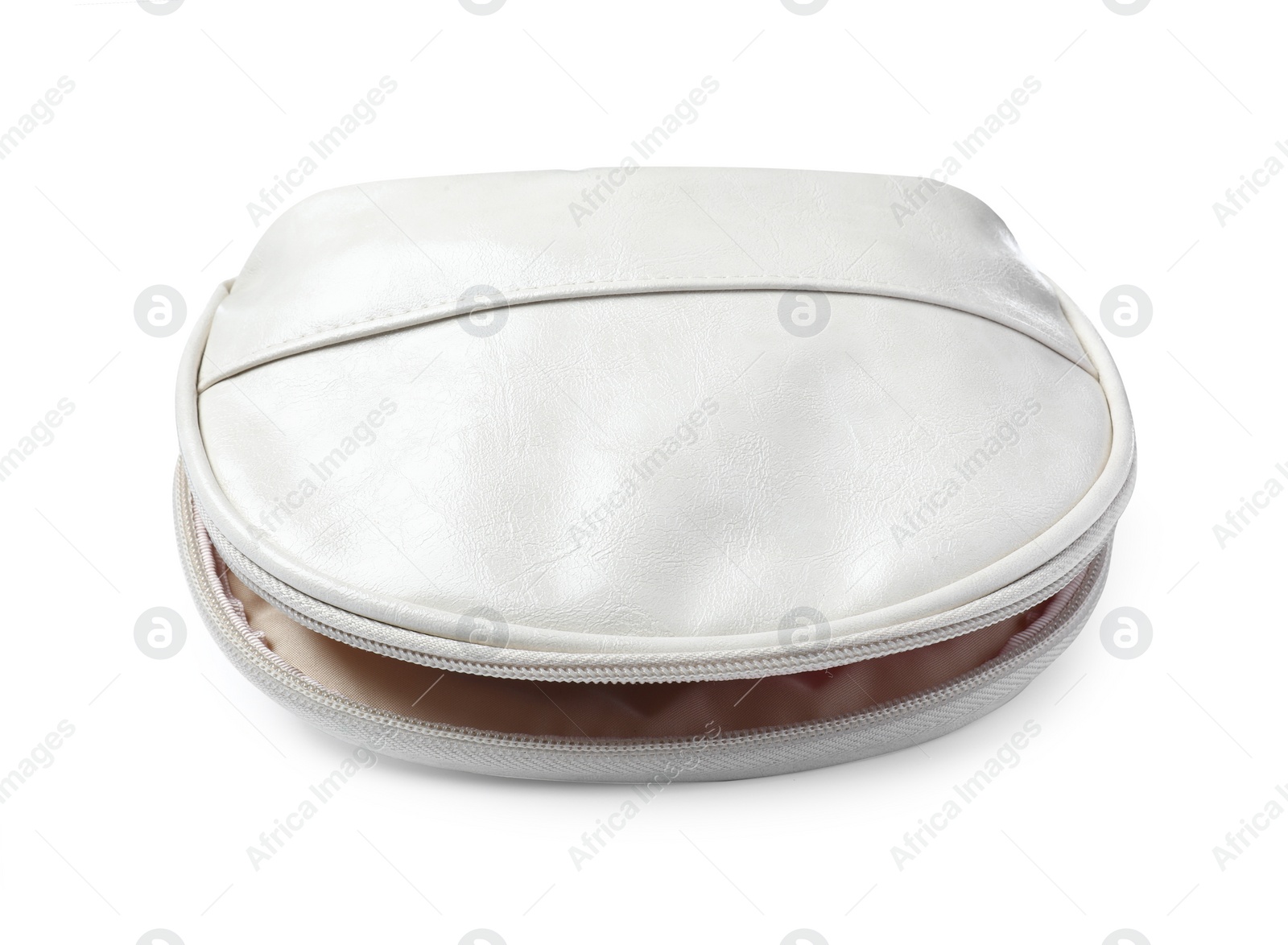 Photo of Empty elegant cosmetic bag isolated on white