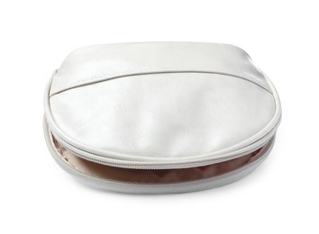 Photo of Empty elegant cosmetic bag isolated on white