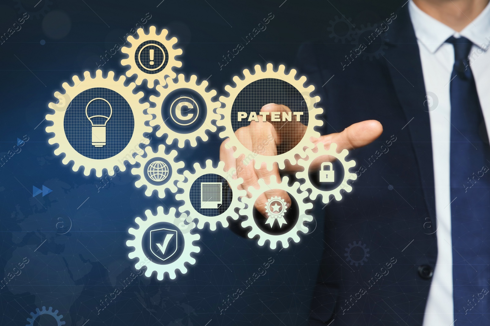 Image of Patent concept. Different virtual icons and man on color background, closeup