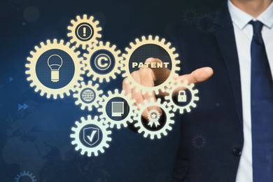 Image of Patent concept. Different virtual icons and man on color background, closeup