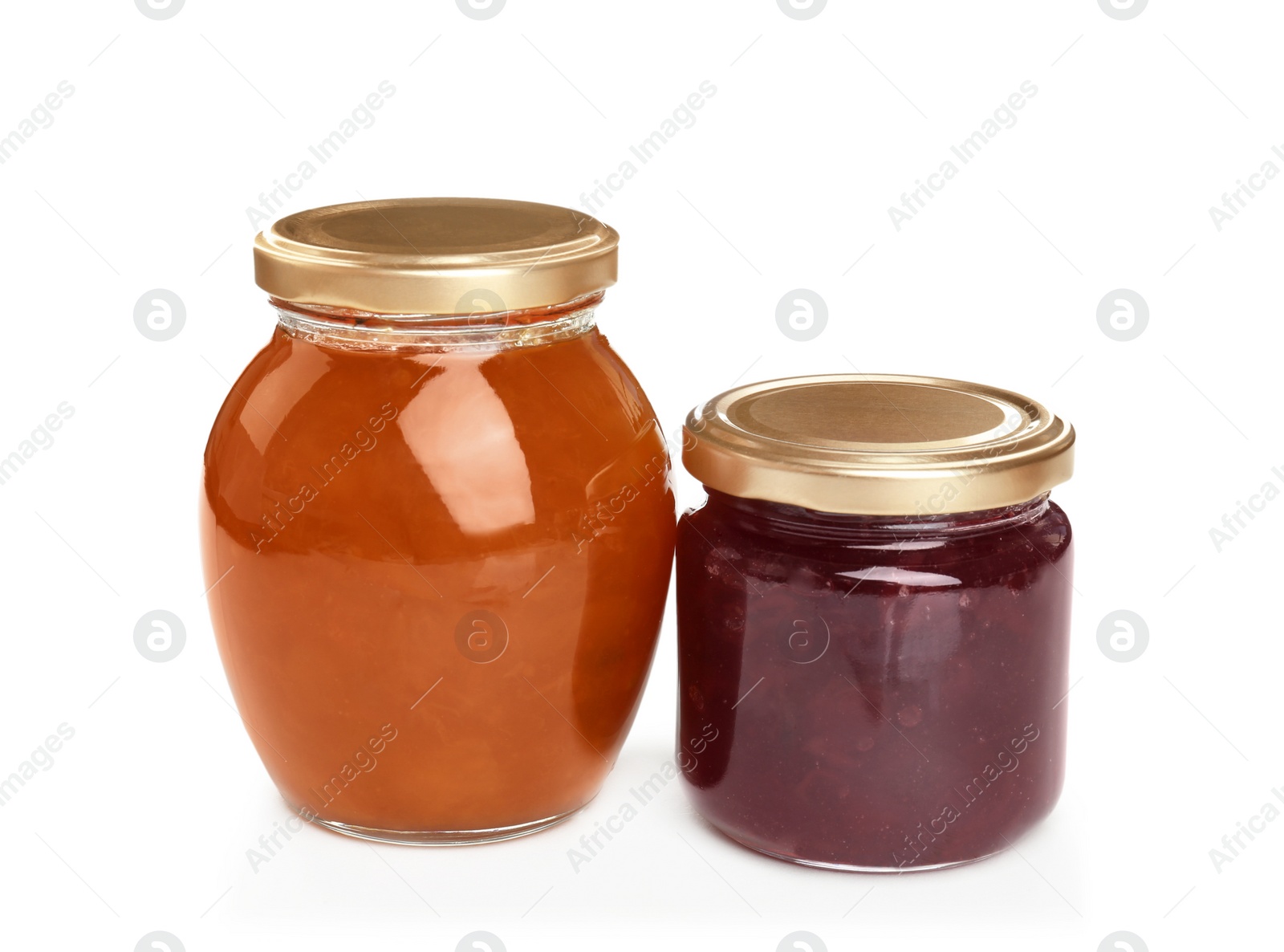 Photo of Two jars with tasty sweet jam on white background