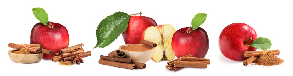 Image of Aromatic cinnamon sticks, powder and red apples isolated on white, set