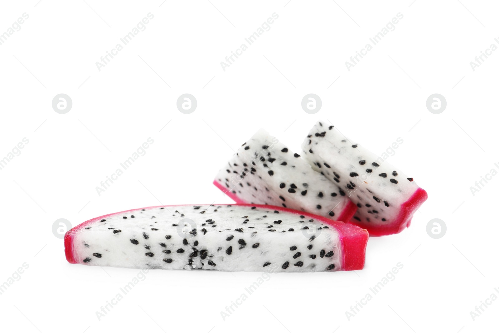 Photo of Slices of delicious ripe dragon fruit (pitahaya) on white background