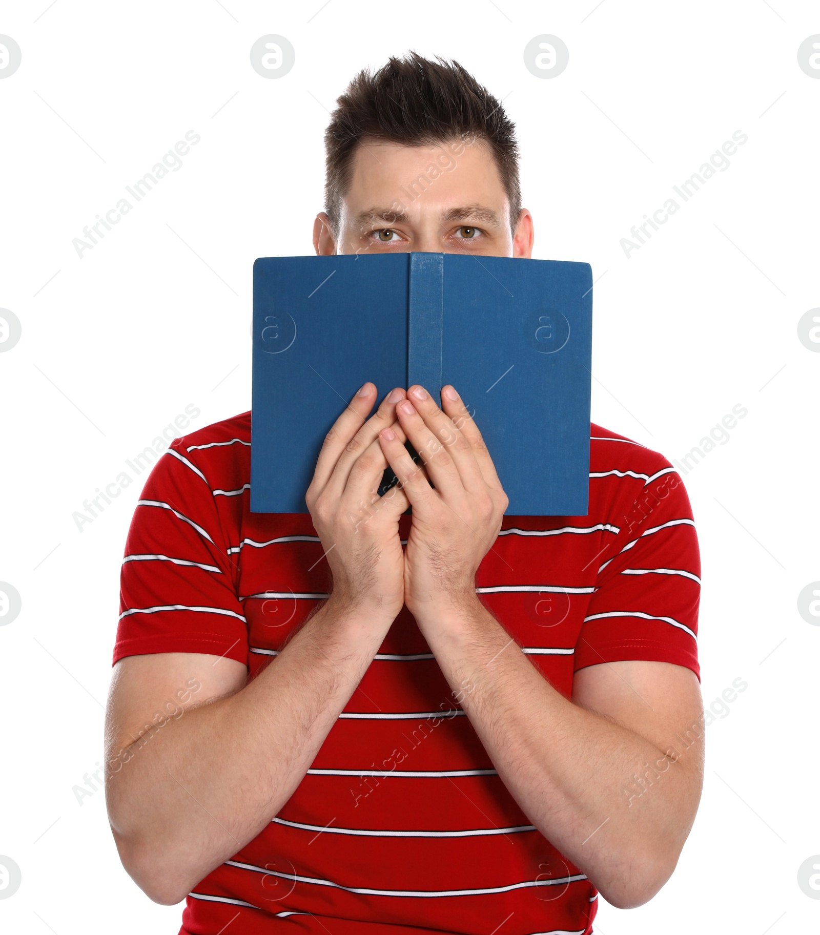 Photo of Handsome man with book on white background. Reading time