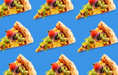 Image of Pizza slices on blue background. Pattern design