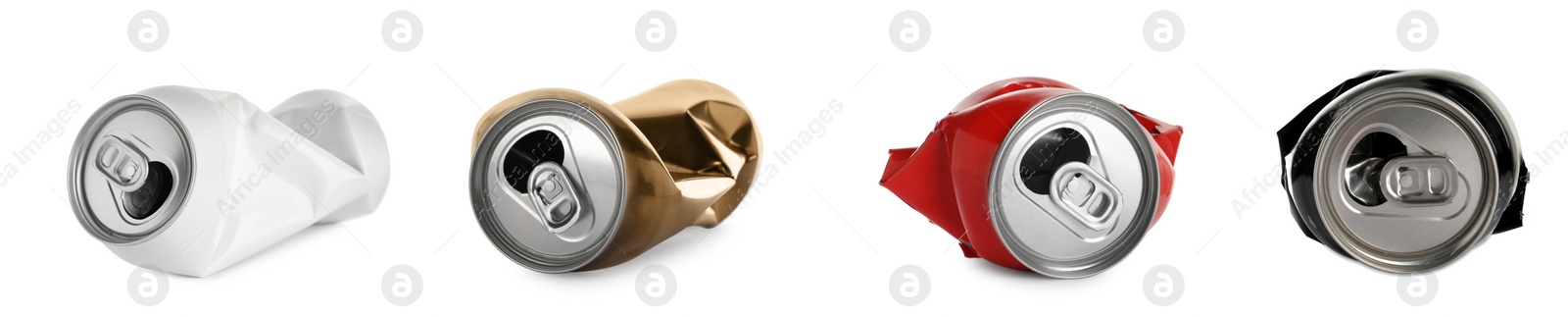 Image of Set with crumpled cans on white background. Banner design