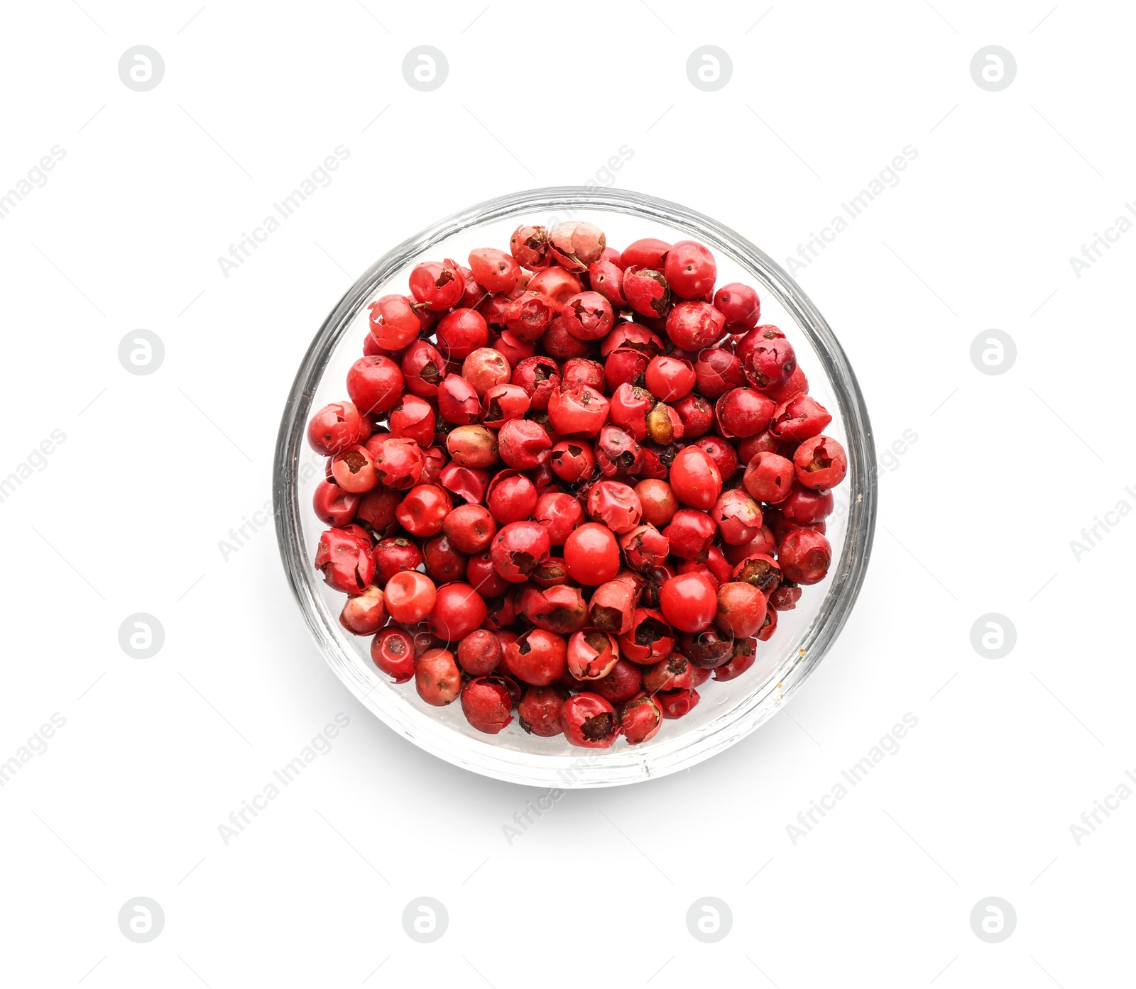 Photo of Glass bowl with red peppercorns on white background, top view