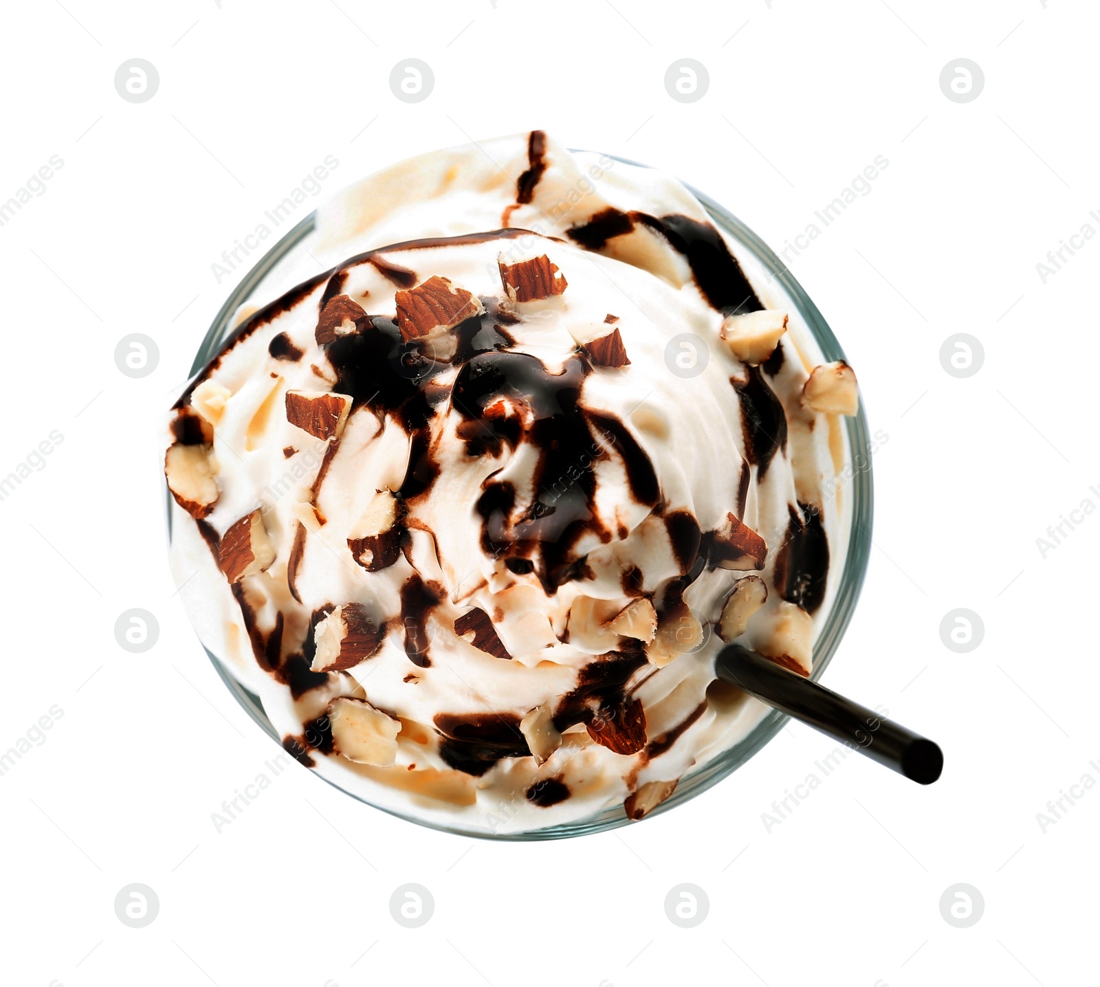 Photo of Glass of delicious milk shake with whipped cream on white background, top view