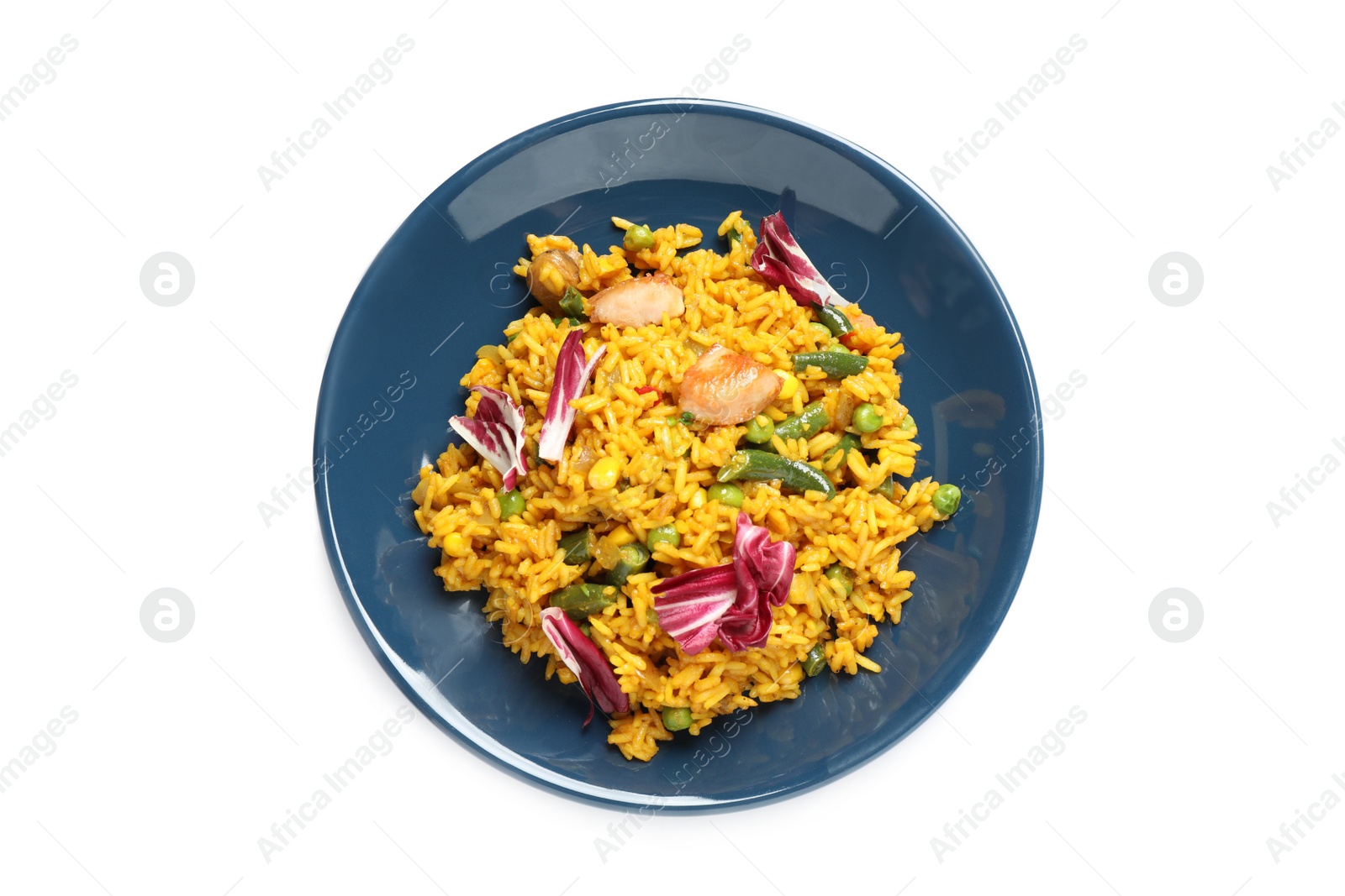 Photo of Delicious rice pilaf with chicken isolated on white, top view