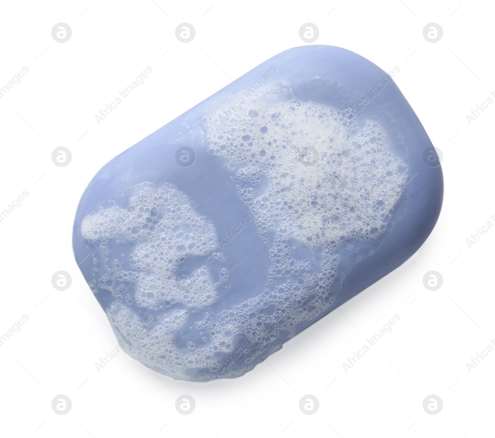 Photo of Soap with fluffy foam isolated on white, top view