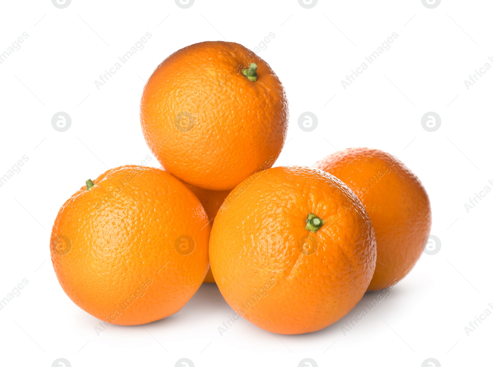 Photo of Delicious fresh ripe oranges on white background