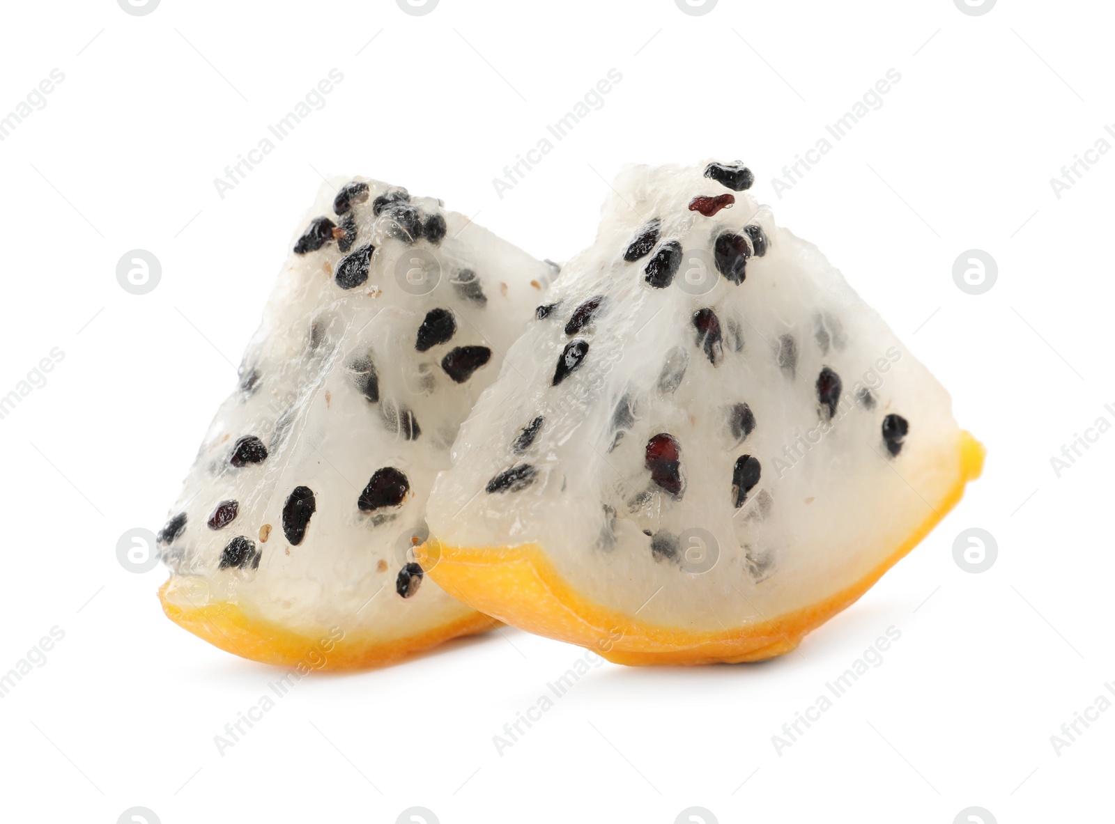 Photo of Slices of delicious yellow pitahaya fruit on white background