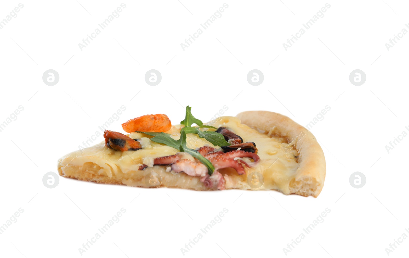 Photo of Piece of delicious seafood pizza isolated on white