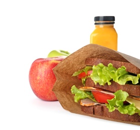 Healthy food on white background. School lunch