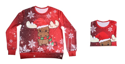 Collage with red Christmas sweater on white background