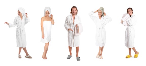 Image of Collage with photos of people with soft towels on white background. Banner design