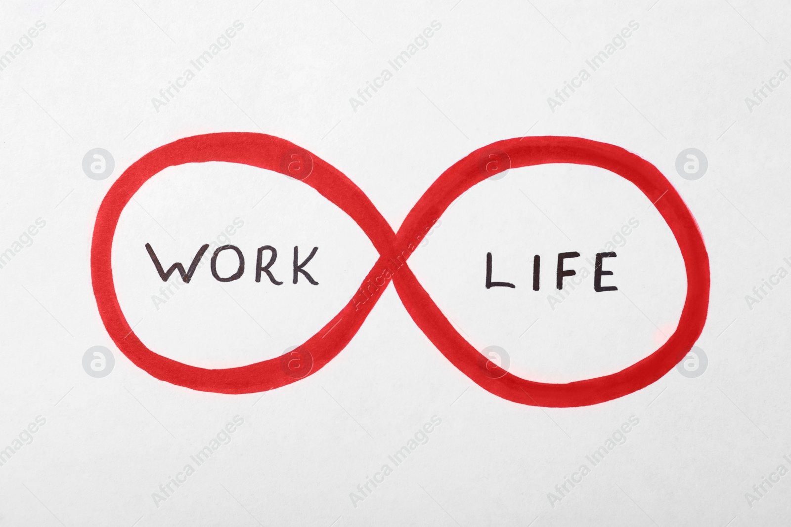 Photo of Infinity sign with words Work and Life on white background. Balance concept