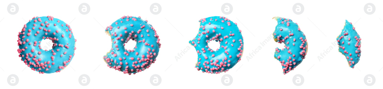 Image of Eating tasty donut. Collage with pieces of dessert isolated on white