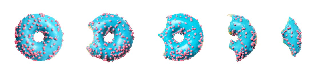 Image of Eating tasty donut. Collage with pieces of dessert isolated on white