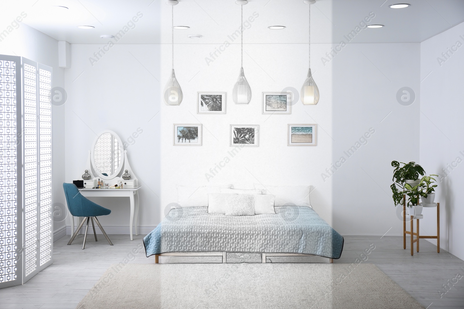 Image of Contemporary bedroom with different furniture. Illustrated interior design