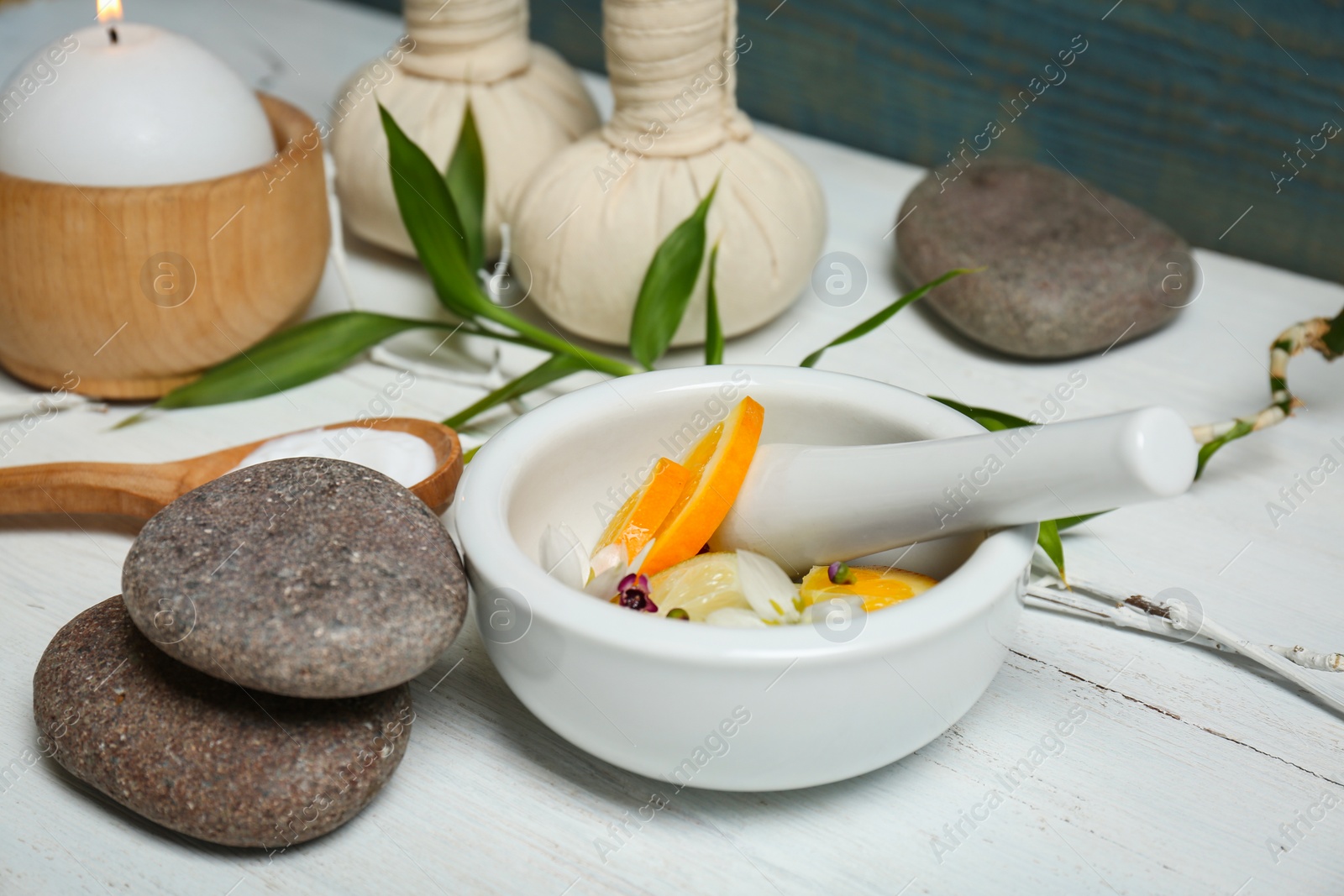 Photo of Beautiful composition with spa cosmetics on table