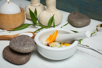 Photo of Beautiful composition with spa cosmetics on table