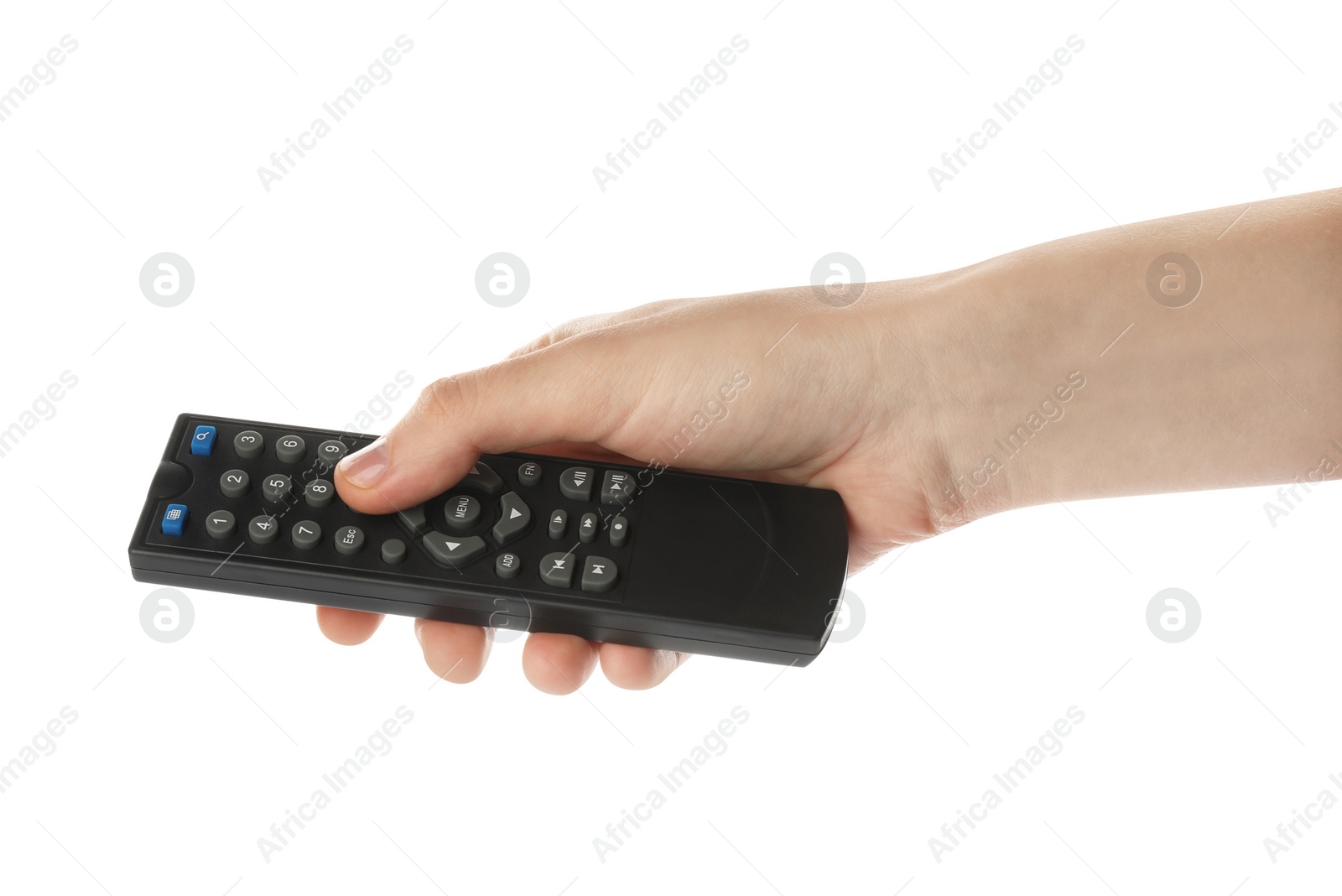 Photo of Woman holding remote control on white background, closeup