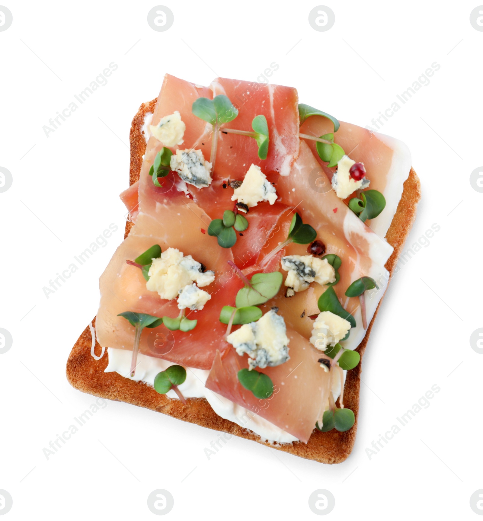 Photo of Delicious sandwich with prosciutto, microgreens and cheese on white background, top view