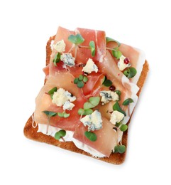 Photo of Delicious sandwich with prosciutto, microgreens and cheese on white background, top view