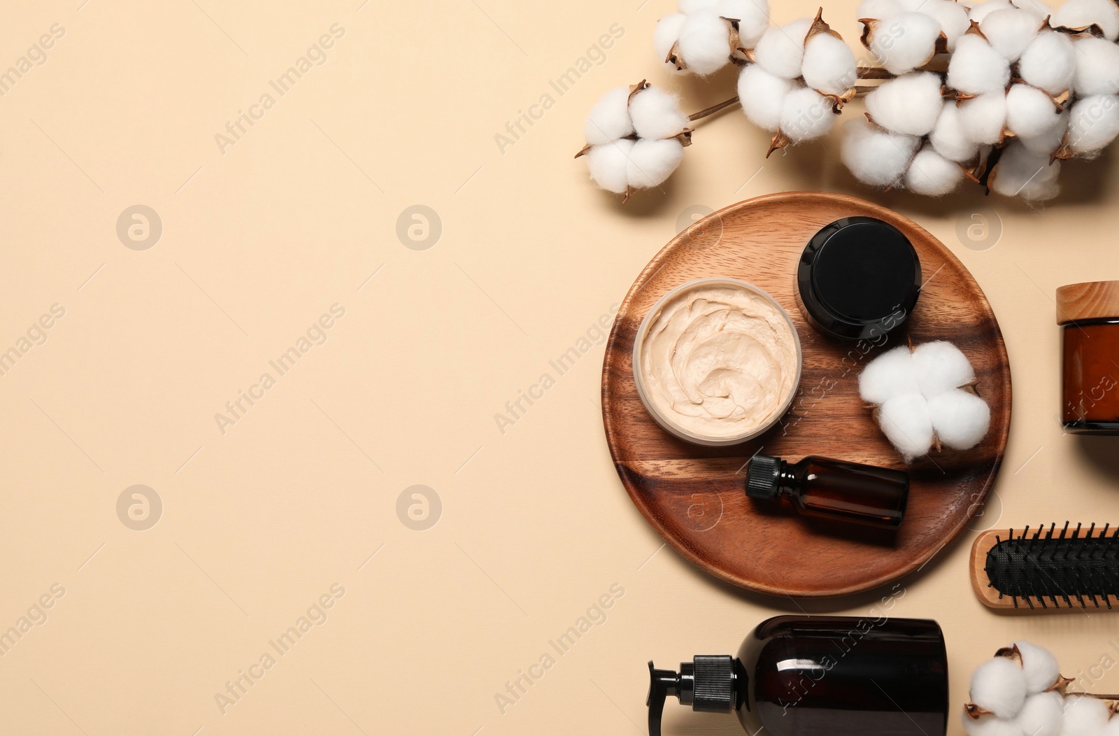 Photo of Bath accessories. Flat lay composition with personal care products on beige background, space for text