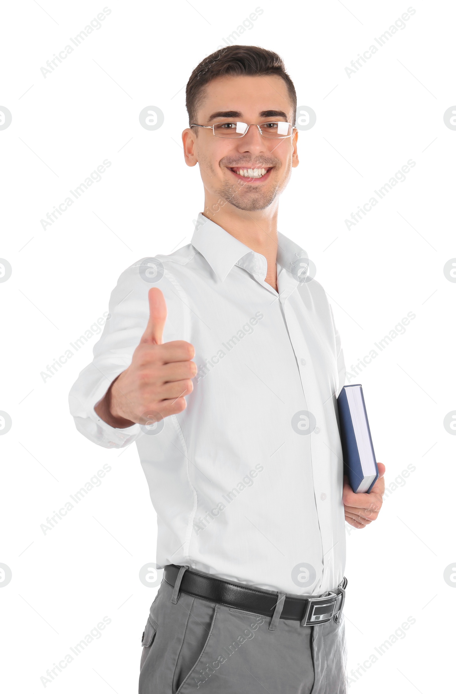 Photo of Young male teacher with book on white background