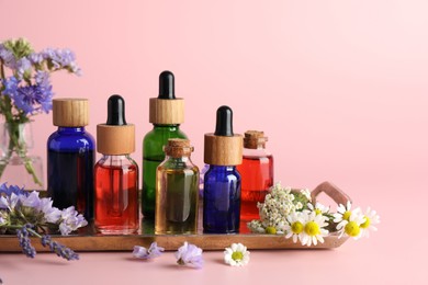 Photo of Aromatherapy. Different essential oils and flowers on pink background