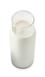 Photo of Glass carafe of fresh milk isolated on white, above view